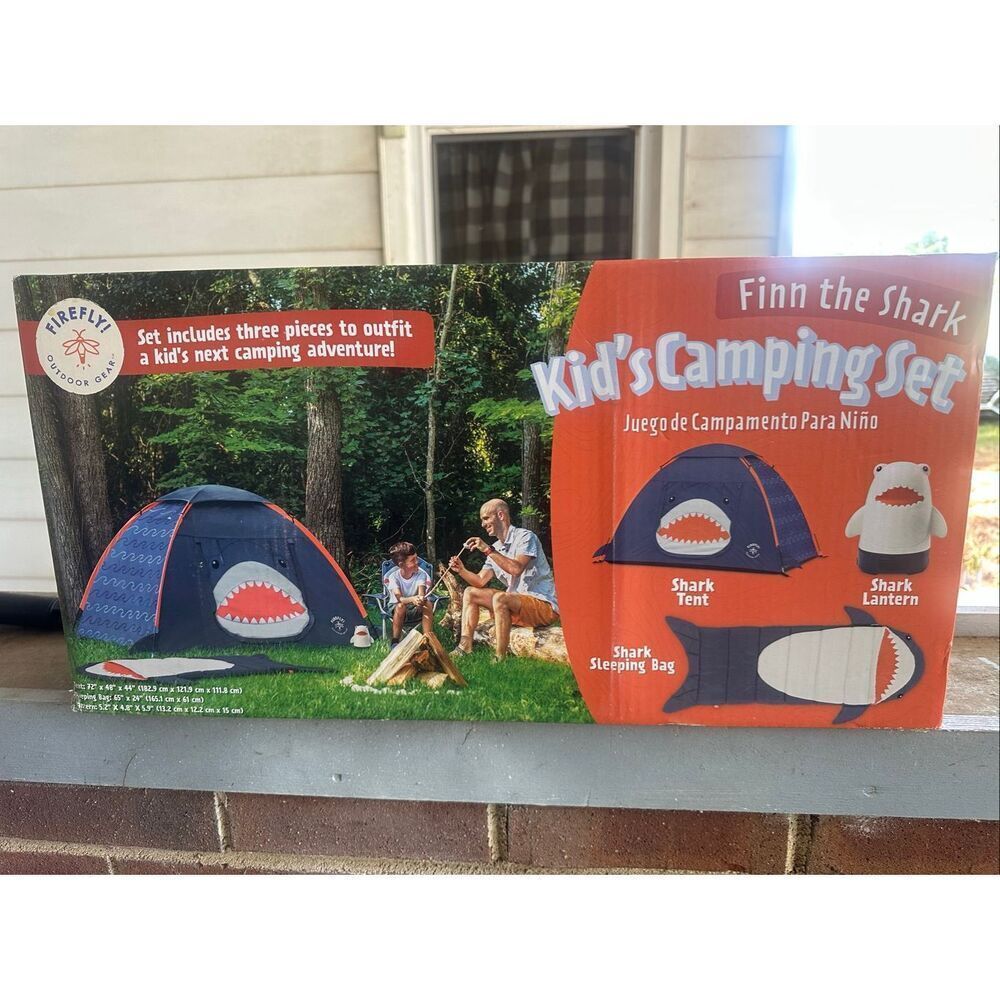 FireFly Finn the Shark Kid's Camping Combo One-Room Tent- Sleeping Bag, Lantern.